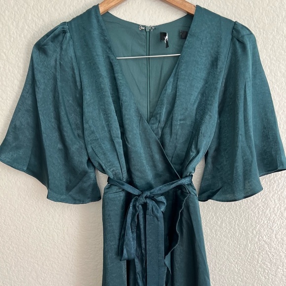 Wrapped Up In Love Dark Green Satin Faux-Wrap Midi Dress - Picture 4 of 8